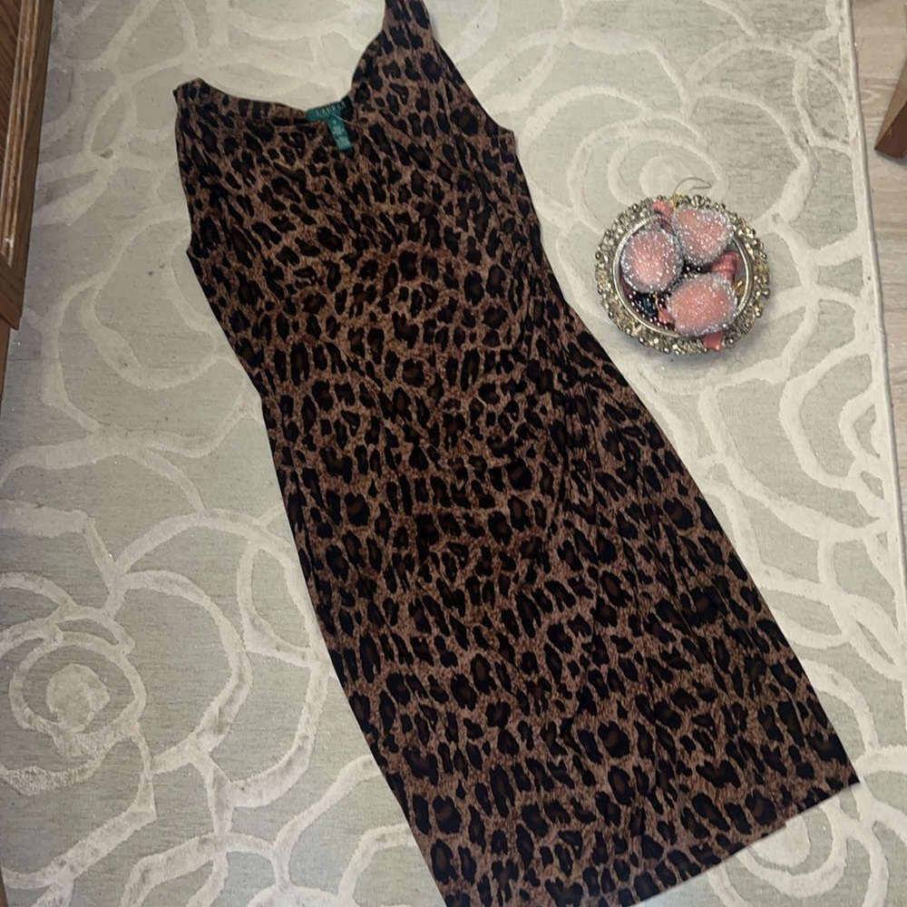 NWT🌷LAUREN RALPH LAUREN🌷Brown black leopard stretch sleeveless ruched dress
